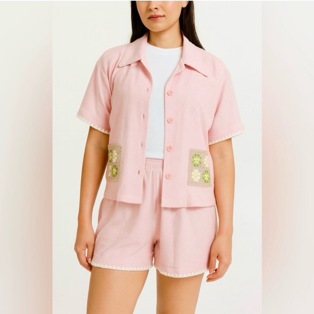 Lena Soft Pink Terry Lounge Button Up‎ Shirt with Crochet Pockets Size Small